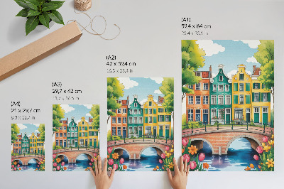 Plakat Barvite stanovanjske hiše ob kanalu, ilustrativen slog