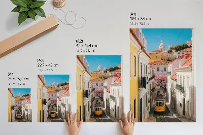 Umetniški tisk na platno ulica s tramvajem, pastelne stanovanjske hiše in rože