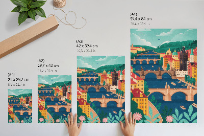 Eleganten plakat za dnevno sobo Barvito mesto z mostovi, naravo in nebom