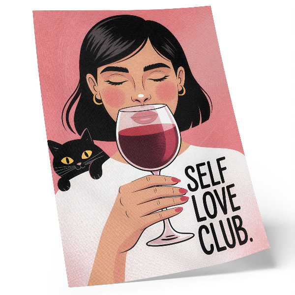 Plakat Ženska z vinom in mačko v slogu ilustracije