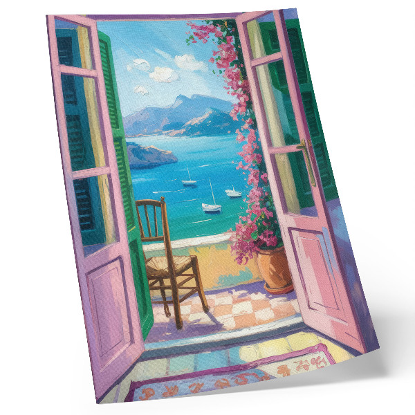 Eleganten plakat za dnevno sobo Odprta vrata svetle rože morsko modre jadrnice