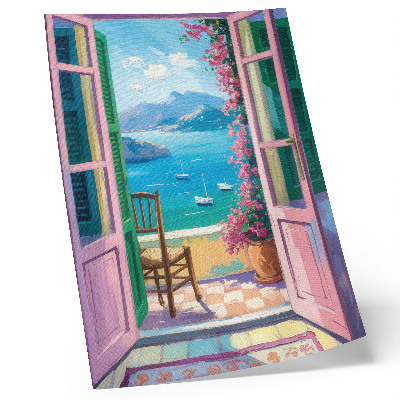 Eleganten plakat za dnevno sobo Odprta vrata svetle rože morsko modre jadrnice