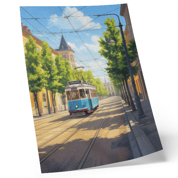 Premium stenski plakat Sončni ulični tramvaj zelen in moder