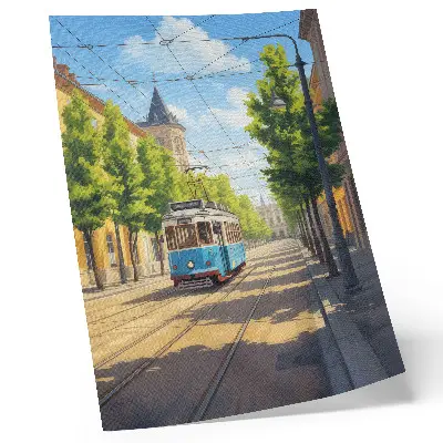 Premium stenski plakat z motivom sončnega uličnega tramvaja v zeleni in modri barvi