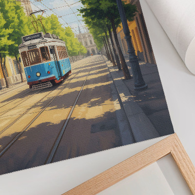 Premium stenski plakat Sončni ulični tramvaj zelen in moder