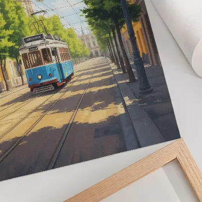 Premium stenski plakat z motivom sončnega uličnega tramvaja v zeleni in modri barvi