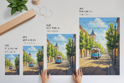 Premium stenski plakat Sončni ulični tramvaj zelen in moder