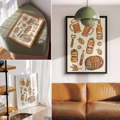 Umetniški tisk na platno z motivi pivskih elementov v retro vintage slogu za prijetno vzdušje