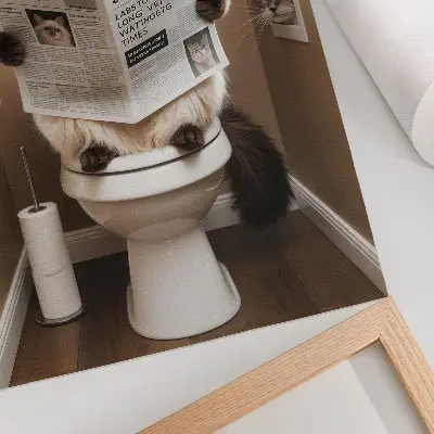 Umetniški tisk na platno mačka s časopisom v bež odtenkih s pridihom humorja in topline