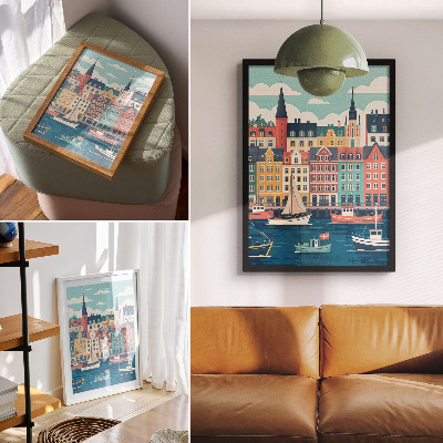 Premium stenski plakat Barvite stanovanjske hiše ob vodi, čar in harmonija
