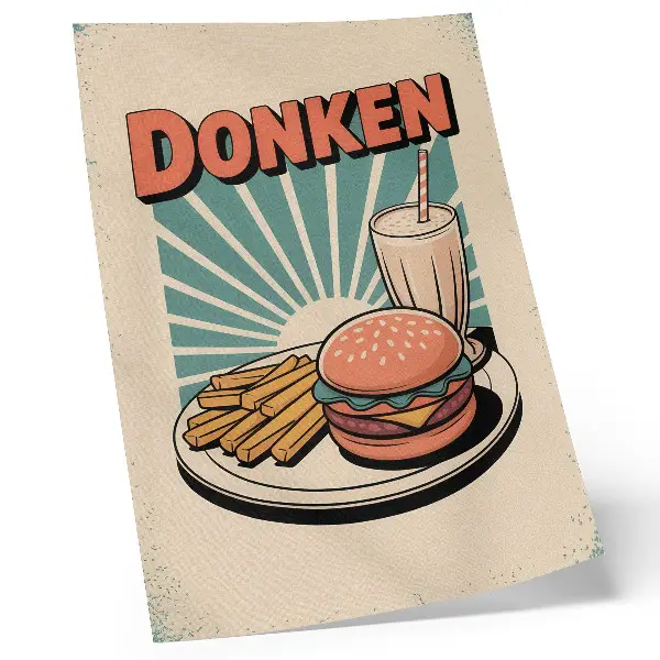 Plakat za dnevno sobo z motivom burgerja in krompirčka v retro slogu