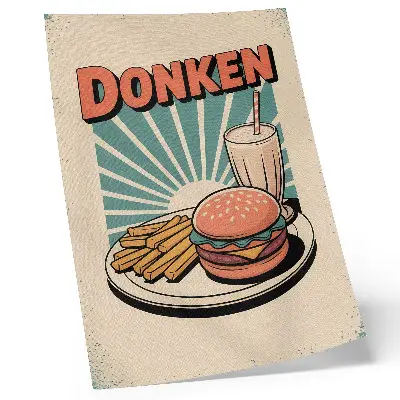 Plakat za dnevno sobo z motivom burgerja in krompirčka v retro slogu