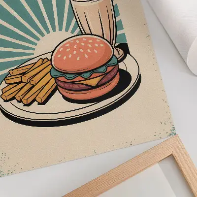 Plakat za dnevno sobo z motivom burgerja in krompirčka v retro slogu