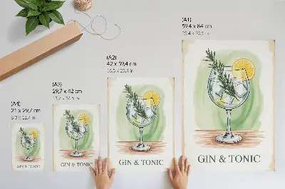 Premium stenski plakat kozarec gina z rožmarinom in limono na zelenem ozadju