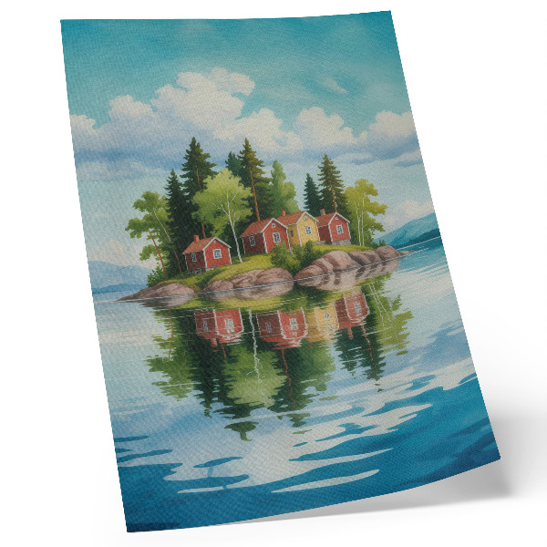 Plakat Slikovit otok, hiše, drevesa, mirna voda