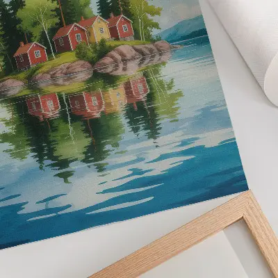 Plakat slikovit otok s hišami, drevesi in mirno vodo