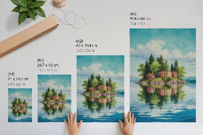 Plakat slikovit otok s hišami, drevesi in mirno vodo