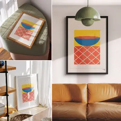 Geometrijska kompozicija v rumeni, modri in rdeči barvi eleganten plakat za dnevno sobo