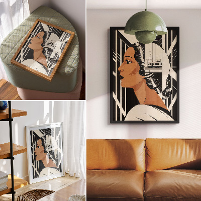 Eleganten plakat za dnevno sobo Ženski profil v geometrijskih linijah v modernističnem slogu