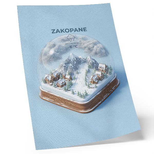 Umetniški tisk na platno Zimska pravljica v krogli, mirne barve, gorski čar