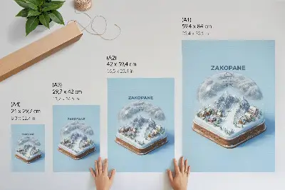 Umetniški tisk na platno zimska pravljica v krogli z gorskim čarom v mirnih barvnih odtenkih