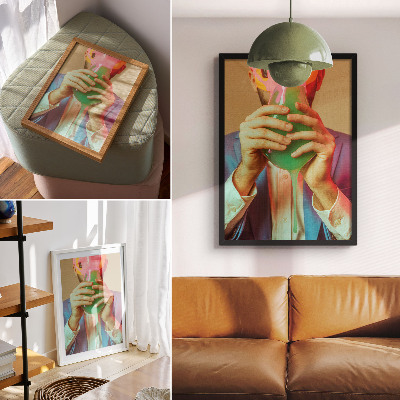 Premium stenski plakat Barvita maska ​​v rokah nadrealistične figure