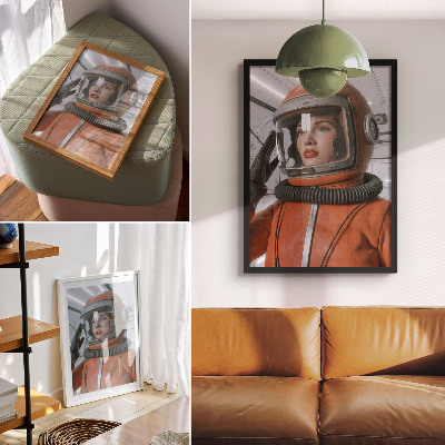 Eleganten plakat za dnevno sobo Vesoljska figura v vesoljski obleki oranžne modernosti