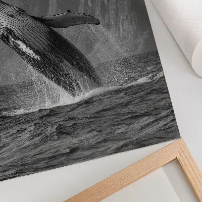 Fotografija skačočega kita z gorami v ozadju eleganten plakat za dnevno sobo