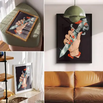 Premium stenski plakat roka z bodalom in utripajočimi detajli
