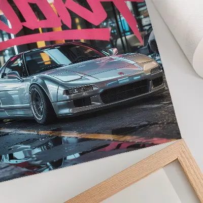 Plakat grafiti s športnimi avtomobili v vzdušju sodobnega mestnega življenja
