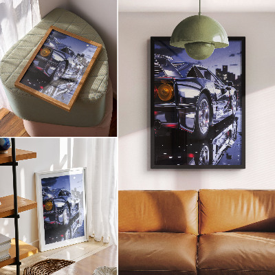 Premium stenski plakat Žarometi športnega avtomobila svetijo ponoči v mestu