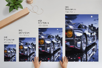 Premium stenski plakat Žarometi športnega avtomobila svetijo ponoči v mestu