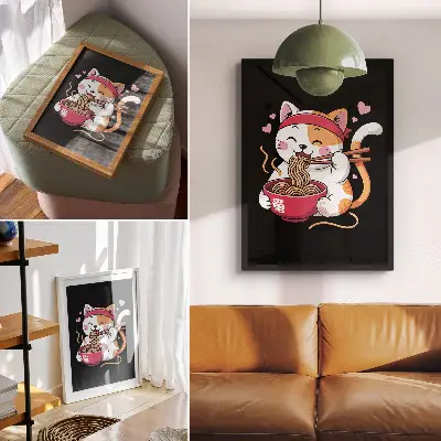 Plakat za dnevno sobo čudovit roza mucek s testeninami