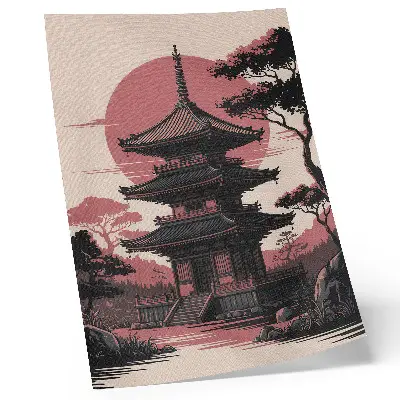 Premium stenski plakat z motivom orientalske pagode v naravi z drevesi za harmonijo in estetiko