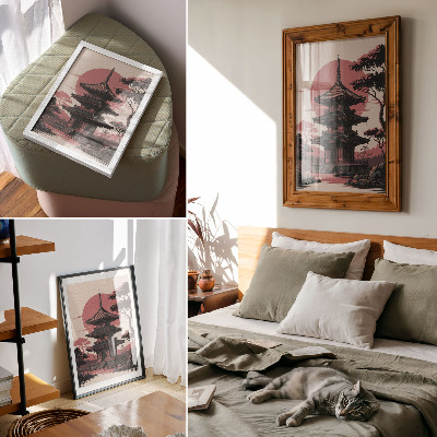 Premium stenski plakat Orientalska pagoda narava drevesa harmonija estetika