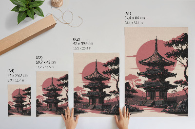 Premium stenski plakat Orientalska pagoda narava drevesa harmonija estetika