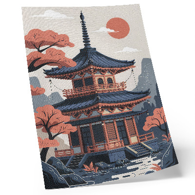 Eleganten plakat za dnevno sobo Japonski tempelj v pastelnih barvah, drevesa, gore, mir