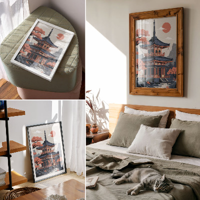 Eleganten plakat za dnevno sobo Japonski tempelj v pastelnih barvah, drevesa, gore, mir