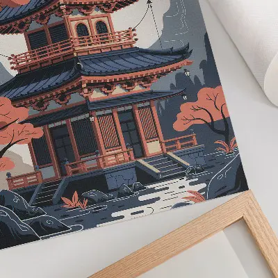 Japonski tempelj v pastelnih barvah umetniški plakat z motivom dreves, gora in miru za dnevno sobo
