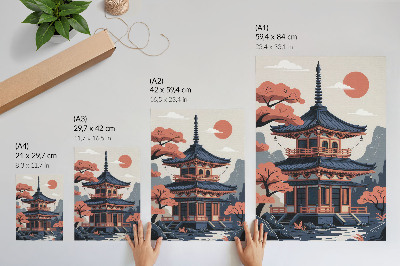 Eleganten plakat za dnevno sobo Japonski tempelj v pastelnih barvah, drevesa, gore, mir