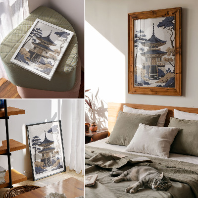 Premium stenski plakat Pagoda, drevo, gora, mir, harmonija