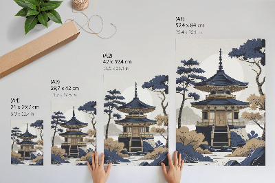 Premium stenski plakat Pagoda, drevo, gora, mir, harmonija