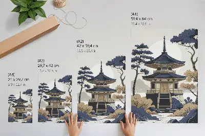 Premium stenski plakat pagoda z drevesom in goro za mir in harmonijo