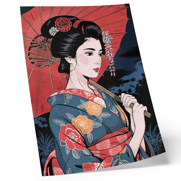 Eleganten plakat za dnevno sobo Ženski dežnik v japonskem slogu, barvita noč