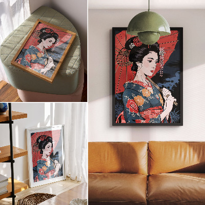 Eleganten plakat za dnevno sobo Ženski dežnik v japonskem slogu, barvita noč