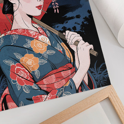 Eleganten plakat za dnevno sobo Ženski dežnik v japonskem slogu, barvita noč