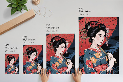 Eleganten plakat za dnevno sobo Ženski dežnik v japonskem slogu, barvita noč