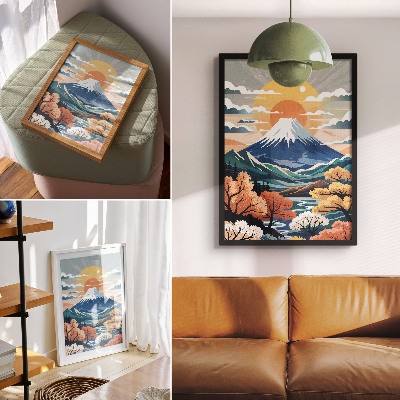 Plakat Zasnežene gore, pisan gozd, sončni zahod