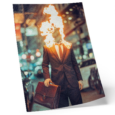 Premium stenski plakat Eleganten moški z gorečo glavo v mestu