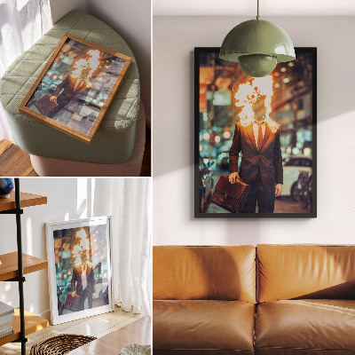 Premium stenski plakat Eleganten moški z gorečo glavo v mestu